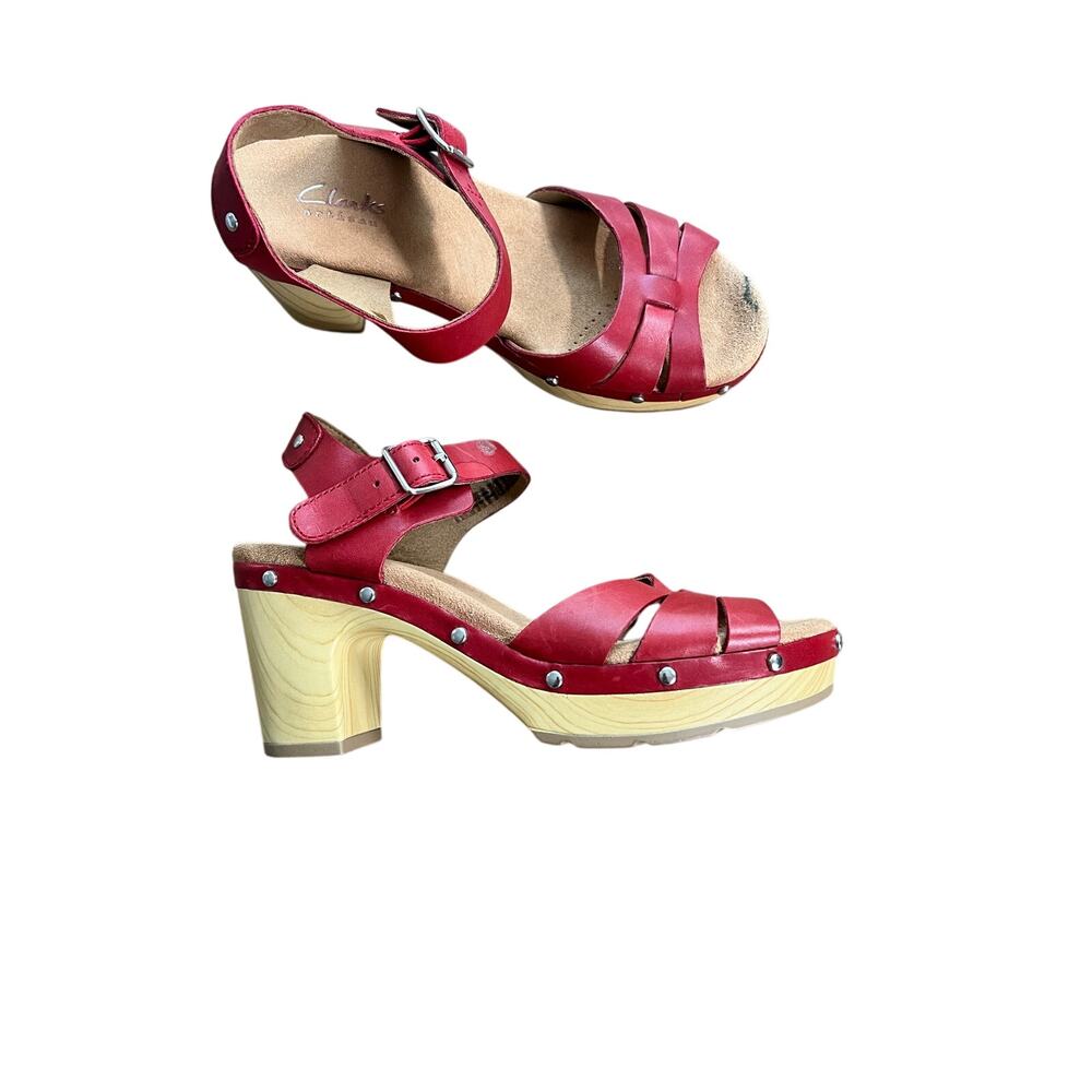 Clarks Ledella Red Leather Ortholite Footbed Clog Sandals Retro Inspired Size 6
